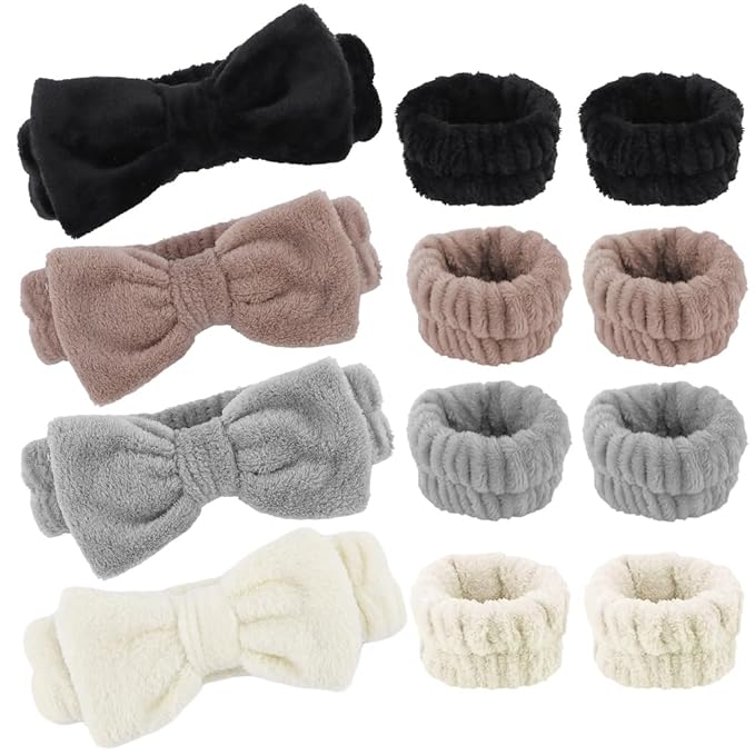 AOPRIE SPA Headbands for Washing Face Makeup Headbands with Bow Hair Band Women Facial Head Band Laurel Wrist Towel Wraps For Shower Face Mask Gray Black White Beige, 12 Pack