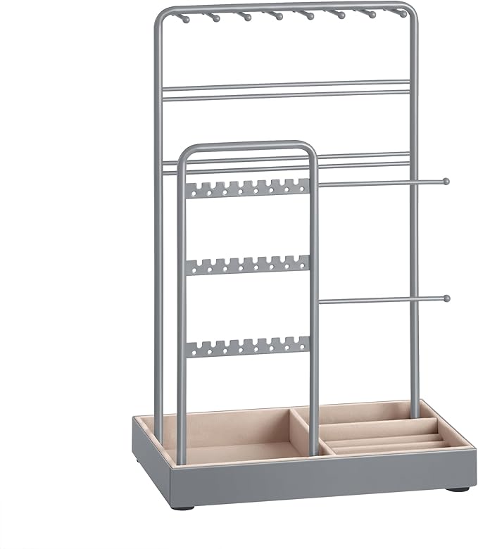 SONGMICS Jewelry Holder, Jewelry Organizer, Jewelry Display Stand with Metal Frame, Velvet Tray, Necklace Earring Bracelet Holder, for Studs, Rings, Gift Idea, Dove Gray UJJS021G01