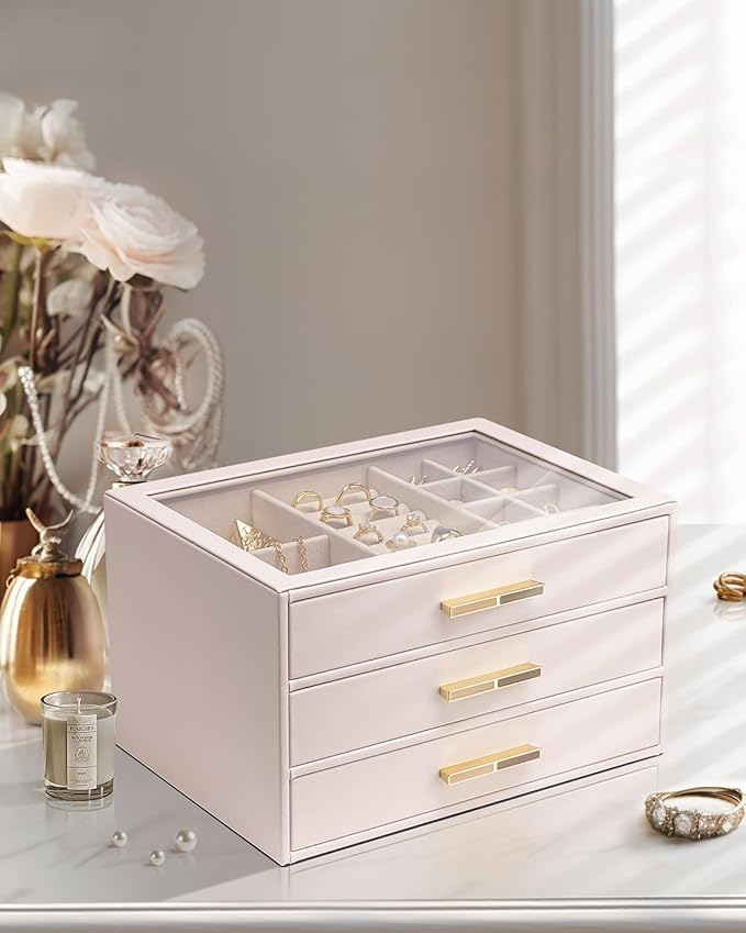 Vlando Jewelry Box for Women, Glass Lid Jewelry Organizer with 3 Drawers for Necklaces Rings Earrings Bracelets - Light Pink