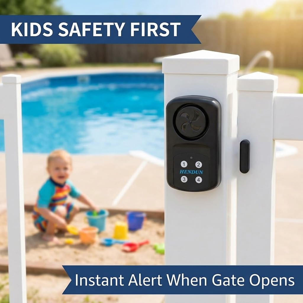 HENDUN Pool Gate Alarm Outdoor Wireless with Remote, 140db Loud, Waterproof Door Alarm Sensor, Kids Safety, Weatherproof Garage Fence Entry Chime (2 Pack)
