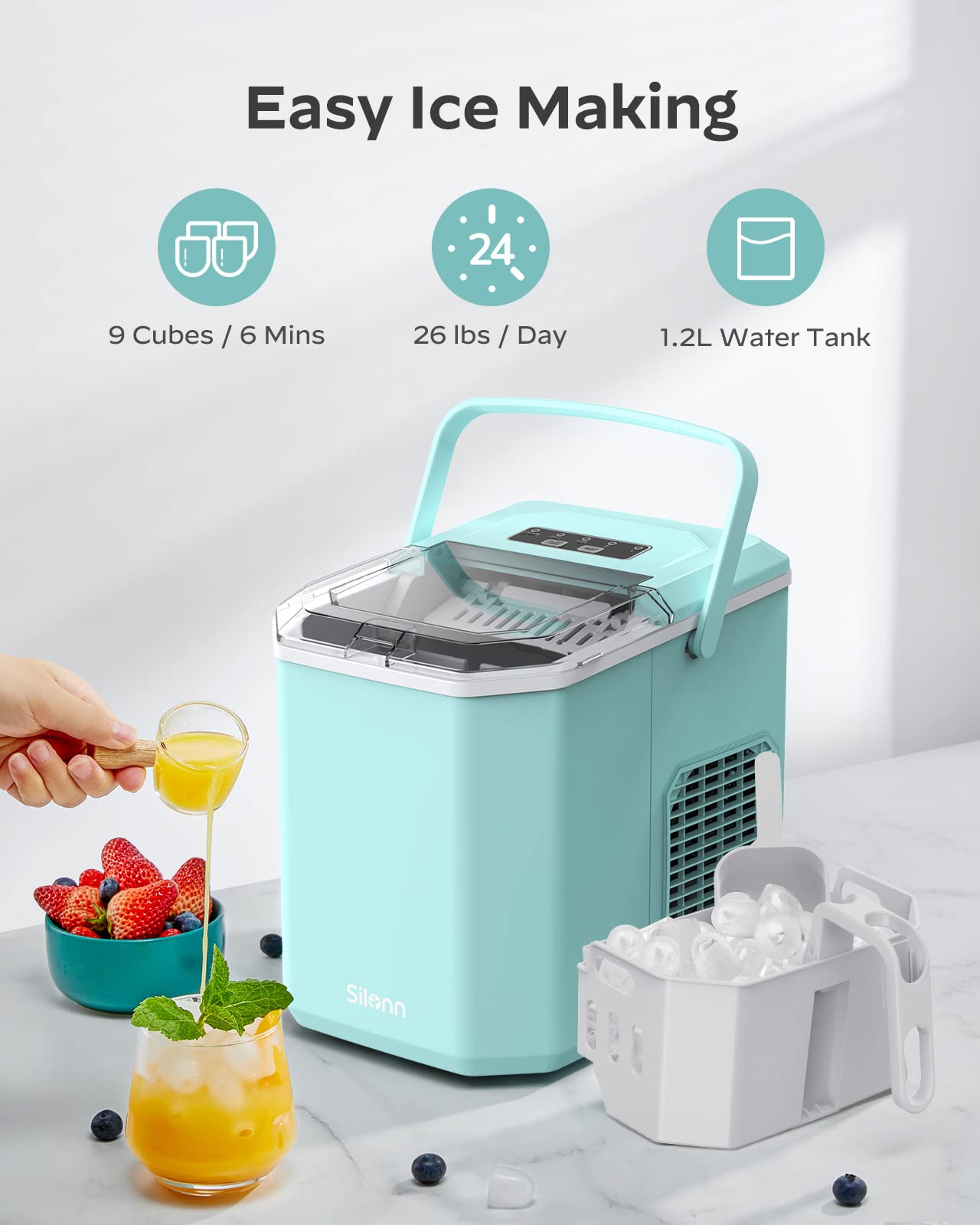Silonn Ice Maker Countertop Machine with Handle, 26lbs in 24h, 9 Ice Cubes Ready in 6 Mins, Self-Cleaning Ice Makers with Basket and Scoop, Ideal for Home Kitchen Camping, Green