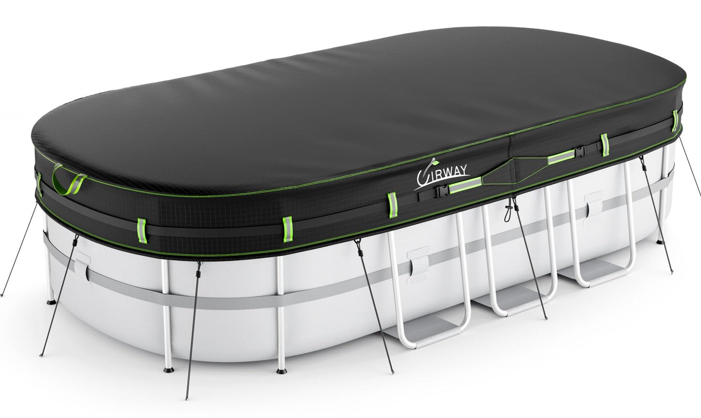 UIRWAY 10x16 FT Oval Pool Cover with Reflective Strips for Above Ground Pool, Oval Solar Pool Cover Including Windproof Rope Tie and Luminous Ground Nails, Swimming Pool Cover with 2 Handles