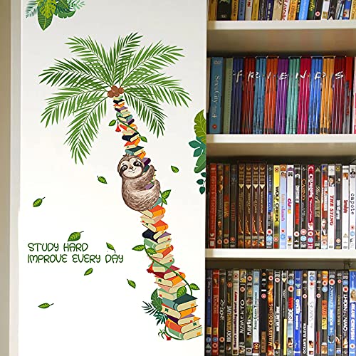 Book Tree Plants Sloth Wall Sticker, Cute Sloth Climbing on The Tree Wall Decal, Removable DIY Vinyl Mural Art Wallpaper D?cor for Reading Room Kids Bedroom Nursery Classroom