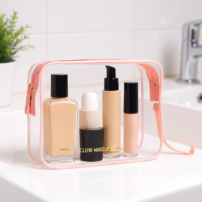 Clear Makeup Bag,2 Pack TSA Approved Toiletry Bag Travel Toiletry Bag Hanging Makeup Cosmetic bag for Women Men (Pink)