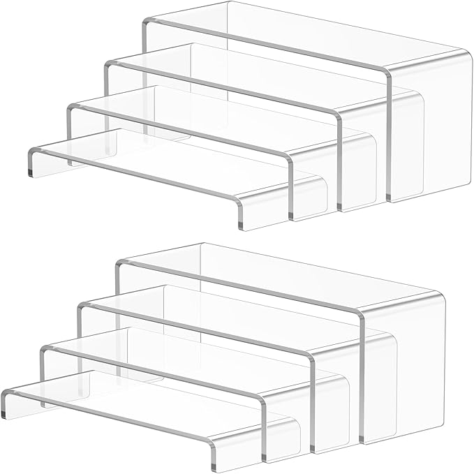 8 Pcs Large Acrylic Display Risers (7" L~9" L), Sturdy Rectangular Dessert Stands, Perfume Shelf Organizer, Clear Riser Stands, Display Shelves for Cupcake, Perfume, Figure, Collection, Decoration.