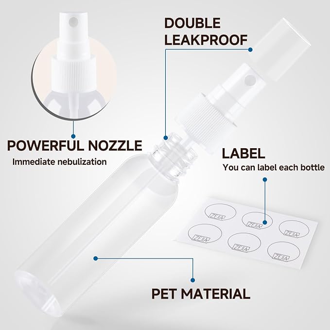 Small Spray Bottles 2OZ, Plastic Travel Spray Bottle, Refillable Mini Spray Bottle for Face, Liquids, Perfume, with Labels (3 Pack)