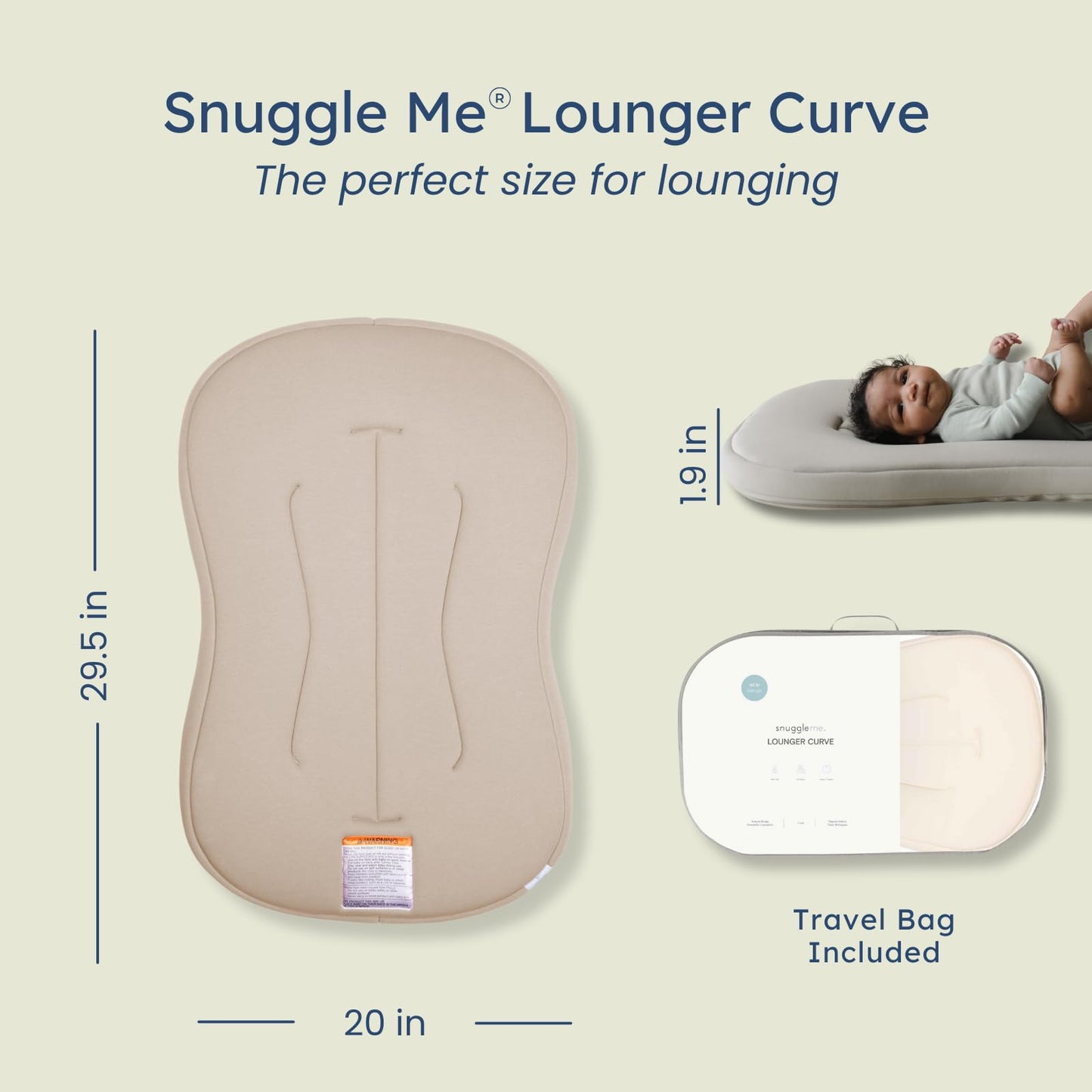snuggle me® Baby Lounger Curve (0-6 Months) - Premium Organic Cotton with Foam Core, Machine-Washable Cover, Buttery-Soft & Breathable CSPC Compliant Infant Lounger Baby Nest with Travel Bag - Birch