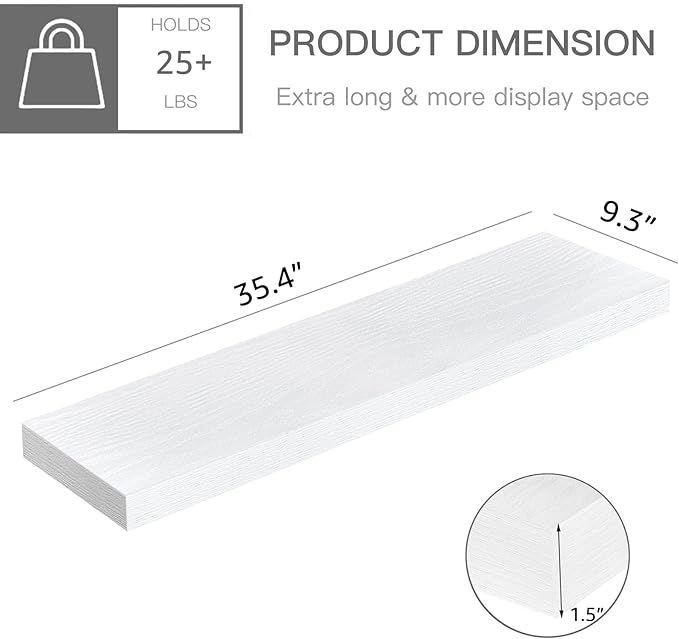 QEEIG Floating Shelves for Wall 35.4" Long - Wall Mounted Shelf Bathroom Kitchen Living Room Bedroom Farmhouse Home Decor Display Bookshelf Large 35.4 x 9.3 inch Set of 2, White (008-90W)