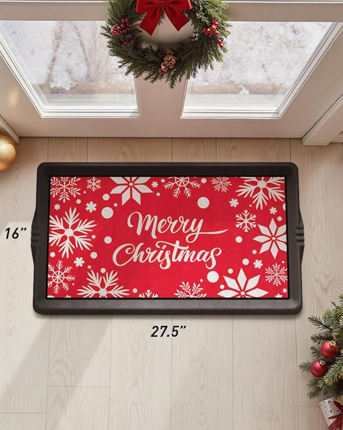 Christmas Boot Tray Mat - Heavy Duty Snow & Water Catch Tray, Waterproof Rubber Shoe Mat with Lip for Entryway, Indoor & Outdoor Holiday Decor Storage (16"x27.5")