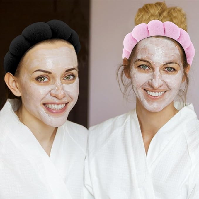 SPA Headbands for Washing Face Makeup Headbands with Bow Hair Band Women Facial Head Band Wrist Towel Wraps For Shower Face Mask Black Pink, 6 Pack