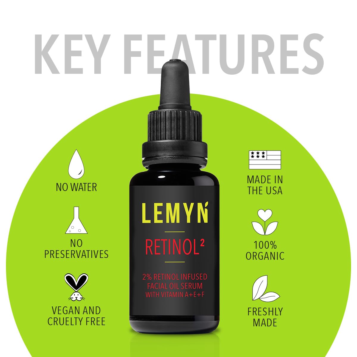 Lemyn Organics Retinol2 Facial Oil Serum with 2% Advanced Gentle Retinol, Vitamin A+E+F – Freshly Made Anti-Aging, Hydrating, and Firming Formula | 15ml