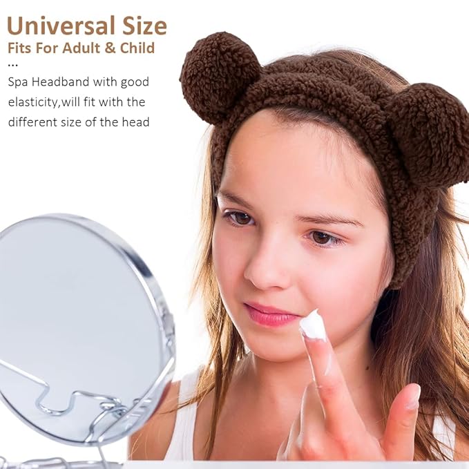 AHONEY Spa Bear Ears Headband, Face Wash Headband and Wristband Set, Cute Makeup Skincare Headbands Wrist Bands for Washing Face Fluffy Headband for Women Girls Elastic Hair Band (Brown)