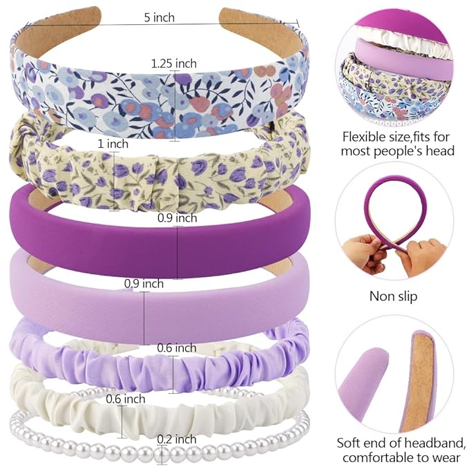 AHONEY 7 Pack Headbands for Girls Women Headbands Trendy Non Slip Hairbands Cute Hair Accessories Multi-style Pearl Headband Pack Diademas Para Mujer (Purple)