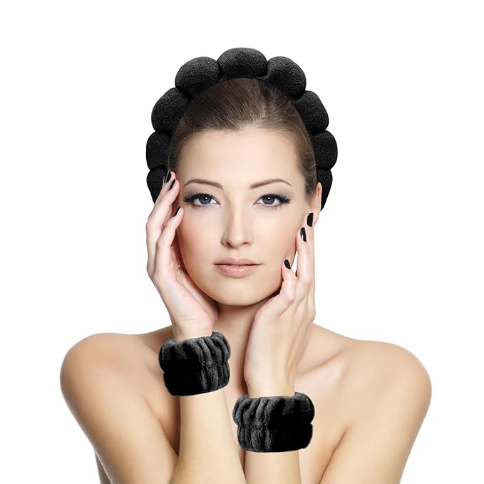 Spa Headbands for Washing Face, Makeup and Skincare. 4 Pc Set of Skin Care Head band with Wristbands. Puffy Terry Cloth, Non Slip Get Ready Hairband for Women, Teens, Girls. Cute Hair Accessories.