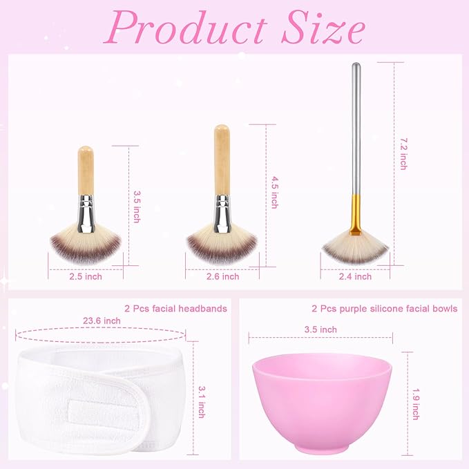 8 Pcs Esthetician Supplies for Facials 2 Facial Fan Mask Brushes 2 Purple Silicone Facial Bowls 2 Spa Facial Headband Velcro 2 Fluffy Fan Brushes Facial Applicator Brush with Long and Short Handle