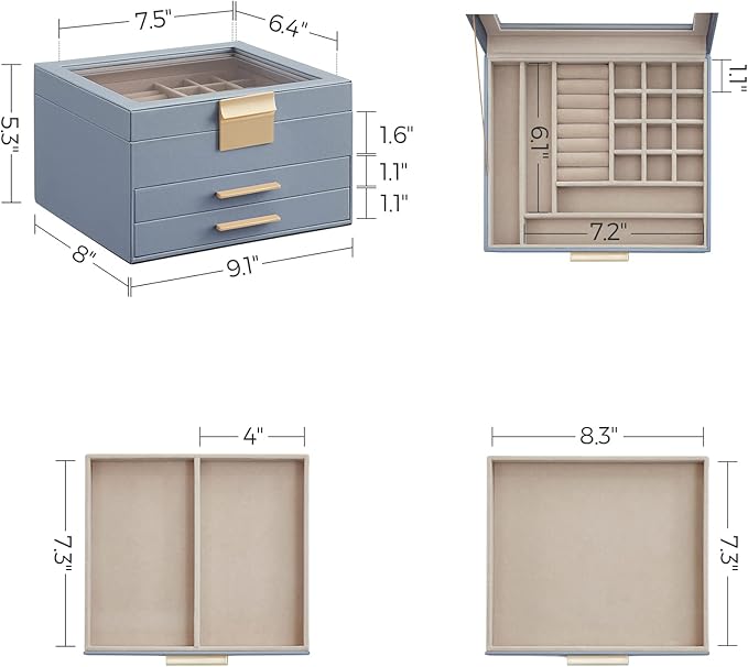 SONGMICS GISELLA Collection - Jewelry Box Organizer, 3-Layer Jewelry Storage with 2 Drawers, Shiny Metal Hardware, Glass Lid, Modern, 8 x 9.1 x 5.3 Inches, Smoky Blue and Gold Color UJBC239Q01
