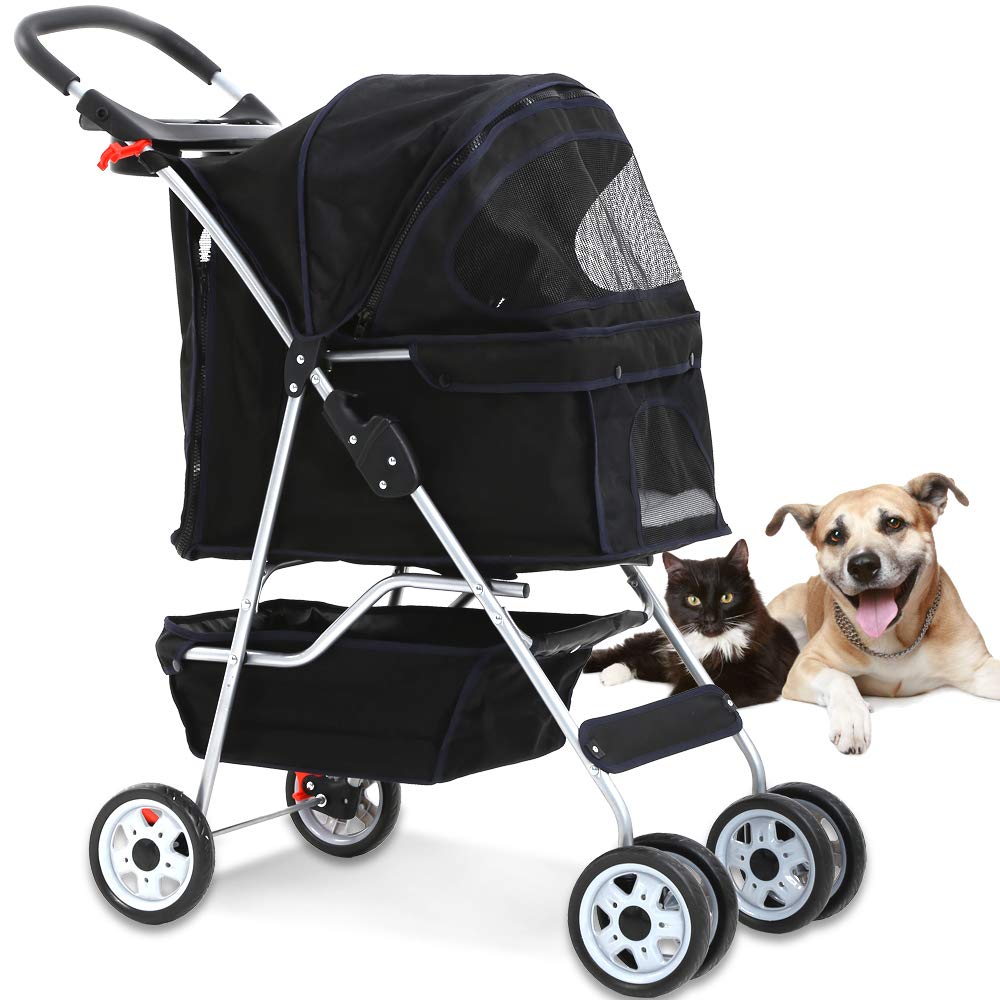 4 Wheel Pet Stroller Cat Dog Cage Stroller Travel Folding Carrier with Cup Holder and Removable Lining for Small and Medium Dogs, Cats (Black)