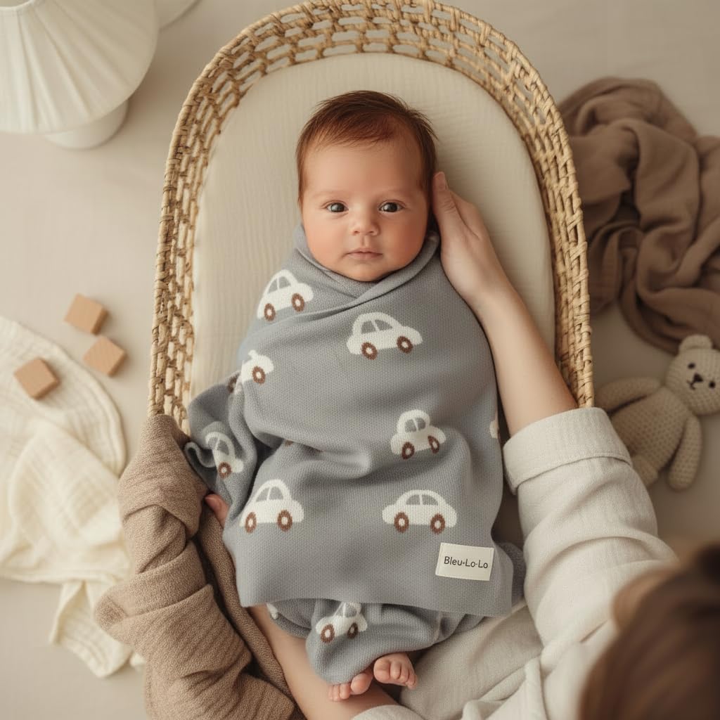 Baby Swaddle Blanket for Boys - 100% Oeko Tex Certified Natural Cotton Buttery Soft Cozy Receiving Swaddle Stroller Blanket for Shower Gift Registry for Newborns, Infants, Toddlers (Cars - Grey)