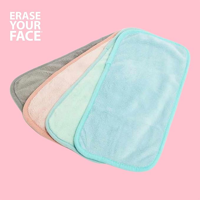ERASE YOUR FACE Reusable Makeup Remover Cloths - Microfiber Face Towels to Cleanse & Remove Makeup - Water Activated for Sensitive Skin - Multi-Pastel (4 Count)