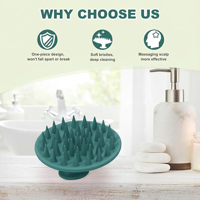 Silicone Scalp Massager Shampoo Brush, Scalp Brush for Hair Growth & Dandruff Removal, Hair Scrubber Scalp Stimulator Exfoliator Brush with Soft Bristles for Wet Dry Scalp Care (Dark Green)