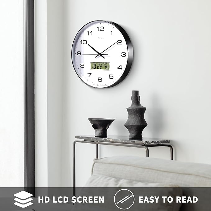 TIMESS Wall Clock, 10" Dial Non-Ticking Silent Battery Operated Analog with LCD Display for Perpetual Calendar and F° Temperature, Ideal Modern Home, Bedroom, Kitchen, Office Decor (Black)