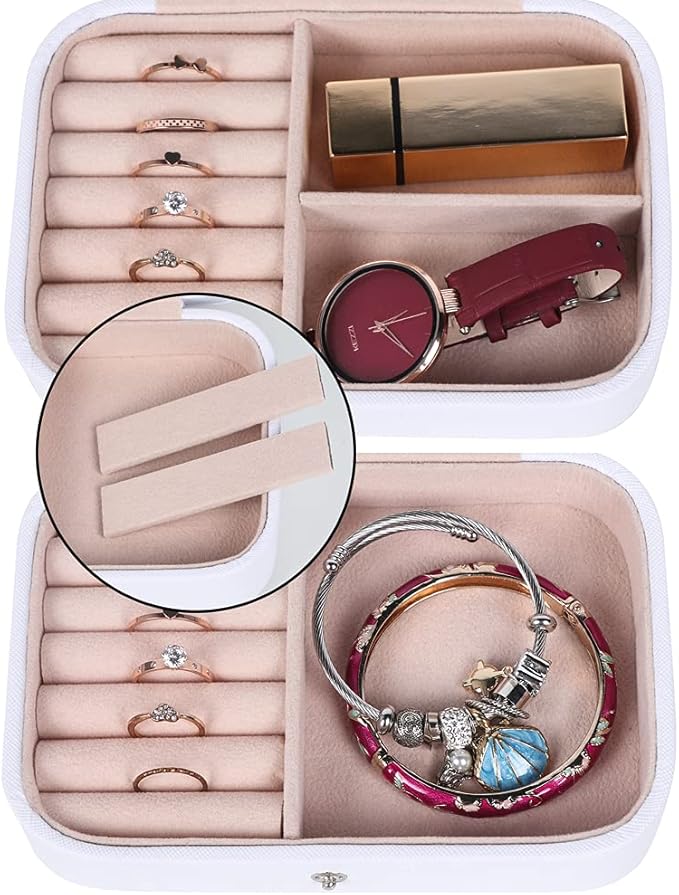 Hatori Travel Jewelry Box, PU Leather Small Jewelry Organizer for Women Girls, Portable Mini Travel Case Display Storage Holder Boxes for Stud Earrings, Rings, Necklaces, Bracelets (White Beige)