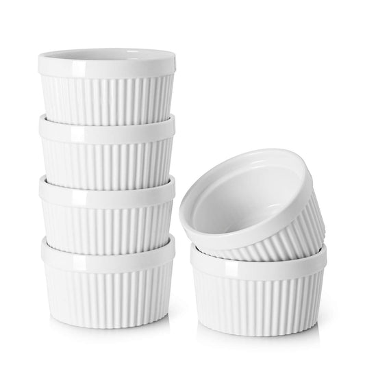 DOWAN Ramekins 12 oz Oven Safe, Creme Brulee Ramekin Souffle Dishes for Baking, Porcelain Samll Bowls for French Onion Soup, Dessert Custard Cups Sauce Dish, Set of 6, Soft White