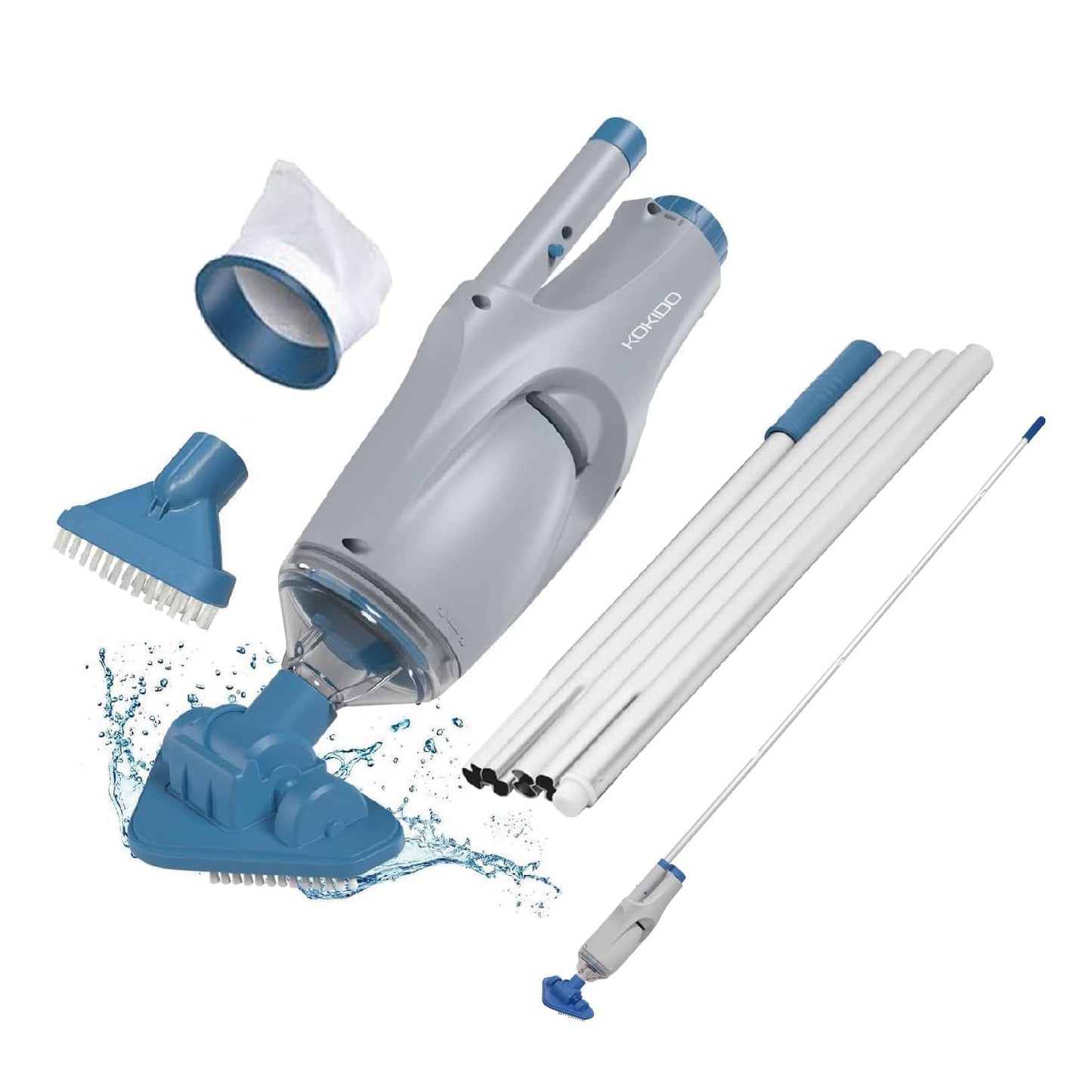 KOKIDO Cordless Handheld Pool Vacuum for Above Ground Pool, with 6ft Pole and 2 Vac Brush Heads, Ideal for Spot Clean Inground Pool Spa Hot Tub up to 20ft, Rechargeable, 60min, Sand and Debris XV110