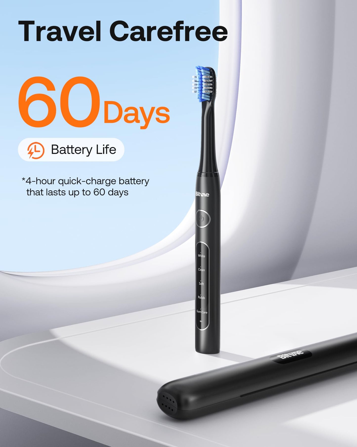Bitvae D2 Ultrasonic Electric Toothbrush for Adults and Kids, Electric Toothbrush with Rechargeable Power, 8 Toothbrush Heads and 5 Modes, Black
