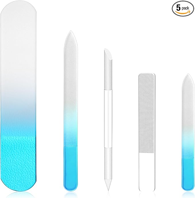 Crystal Nail File Set - 5 Pcs Nano Shiner Files, Glass Nail File, Cuticle Pusher, Buffer and Foot File