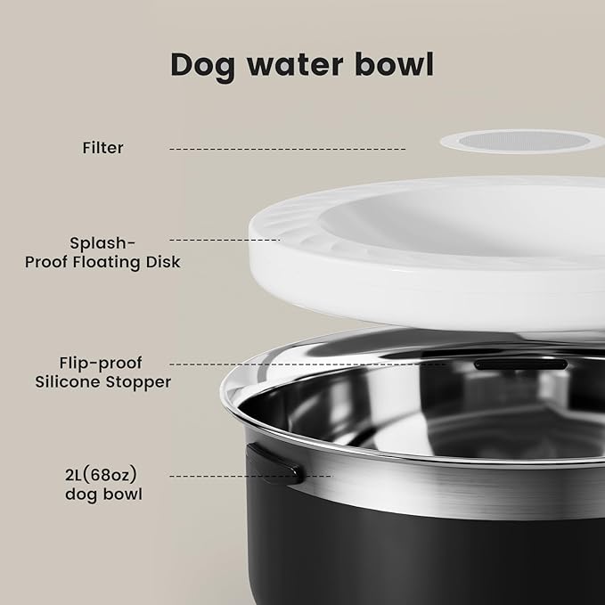 Gardner Pet Slow Water Bowl for Dogs, 2L/68oz Spill-Proof Pet Water Bowl with Floating Disk & Filter Screen, Stainless Steel No-Spill Water Dispenser for Medium Pets