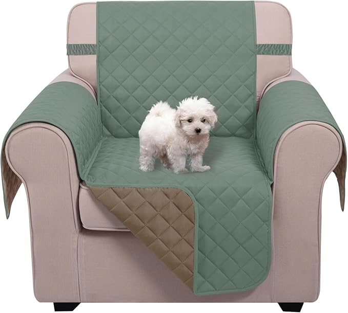 U-NICE HOME Recliner Chair Covers Reversible Chair Cover Pet Covers for Dogs with Elastic Straps Water Resistant Diamond Quilted (23''Armchair, Greyish Green/Taupe)
