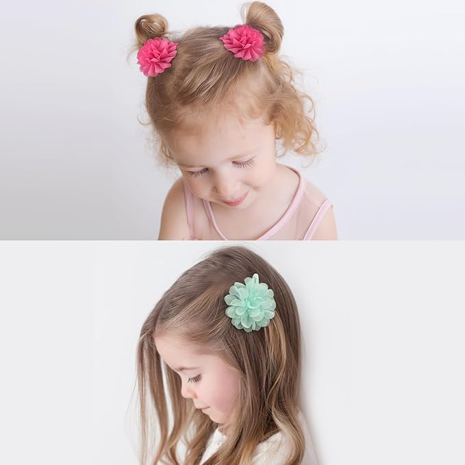 DeD 24PCS 2.7" Chiffon Flower Hair Bows Clips Flower Tiny Hair Clips Fine Hair for Girls Infants Toddlers Set of 12 Pairs