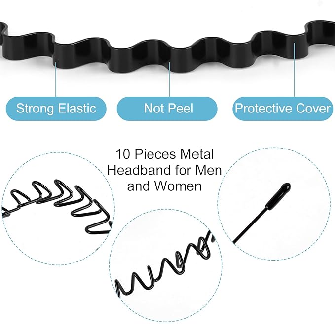 6PCS Metal Hair Bands, Spring Wavy Hoop Unisex Black Headband Slicked Back Non Slip Sports Hairband for Women Men…
