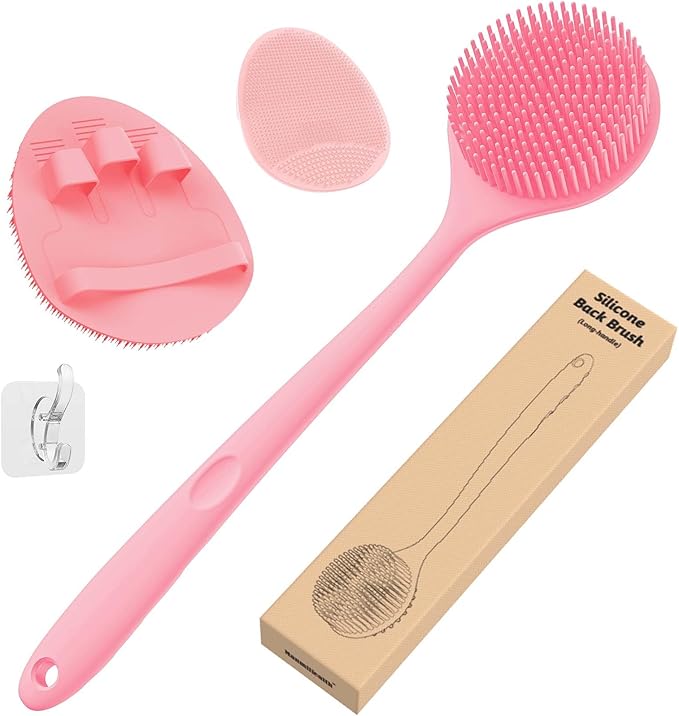 Manmihealth Silicone Back Scrubber (Thin Bristles) & Bath Glove & Face Brush Set(3PCS), Exfoliating Body Scrubber, Shower Brush, Face Scrubber Combination, with a Hook (Random Color Pink or Black)