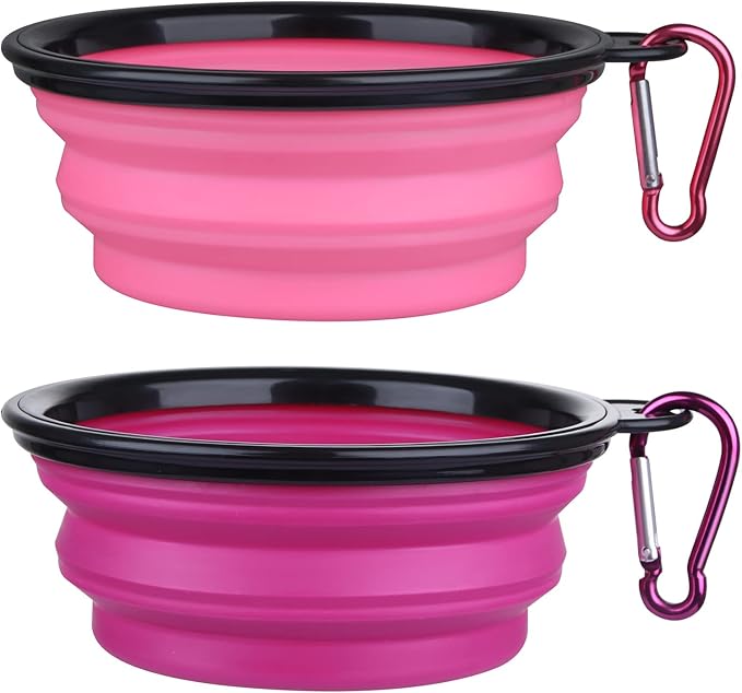 Dog Bowl Pet Collapsible Bowls, 2 Pack Collapsible Dog Water Bowls for Cats Dogs, Portable Pet Feeding Watering Dish for Walking Parking Traveling with 2 Carabiners (Small, Pink+Purple)