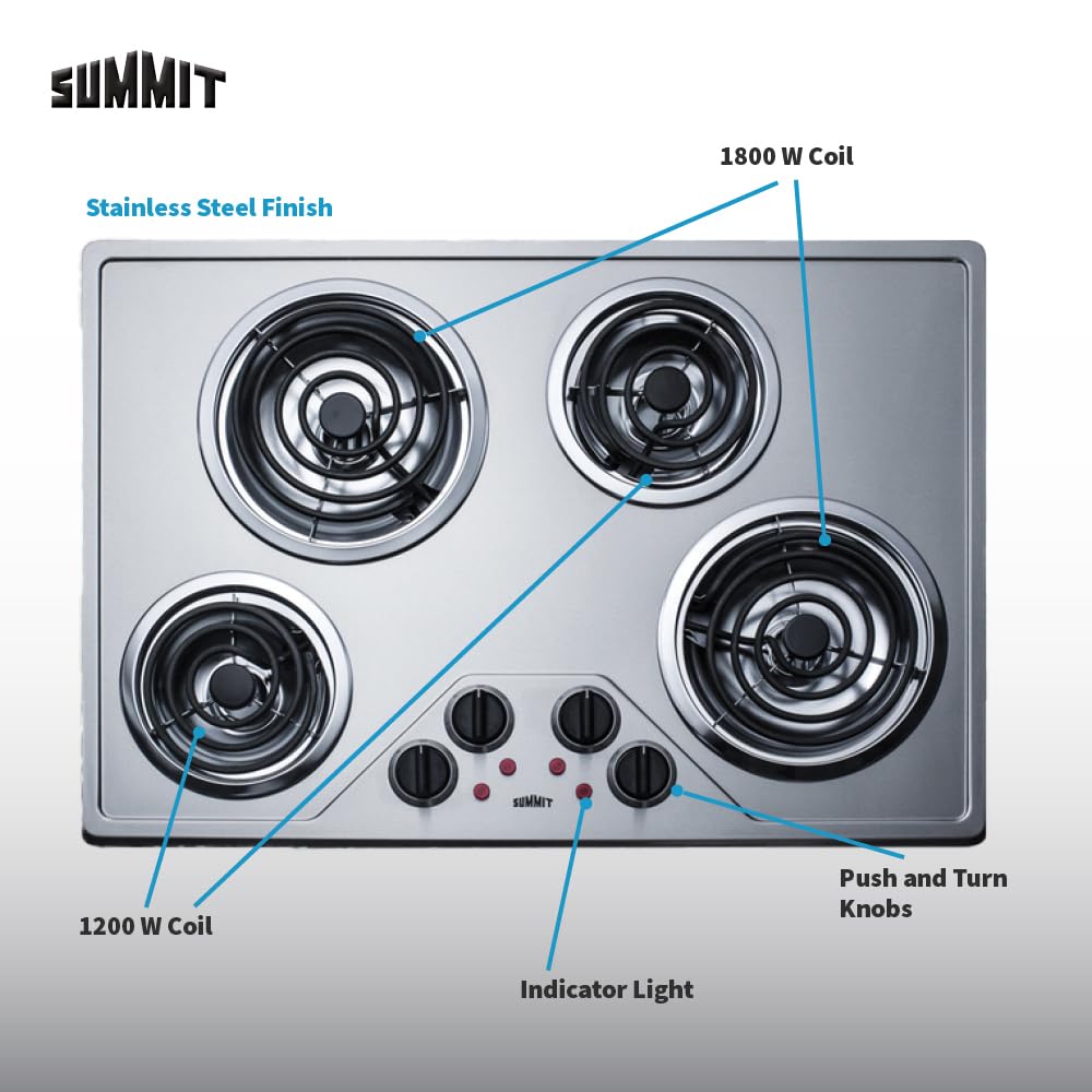 Summit 30" 4 Burner Electric Cooktop, 230 Volt Coil Electric Cooktop, ADA compliant, Stainless Steel- CR430SS