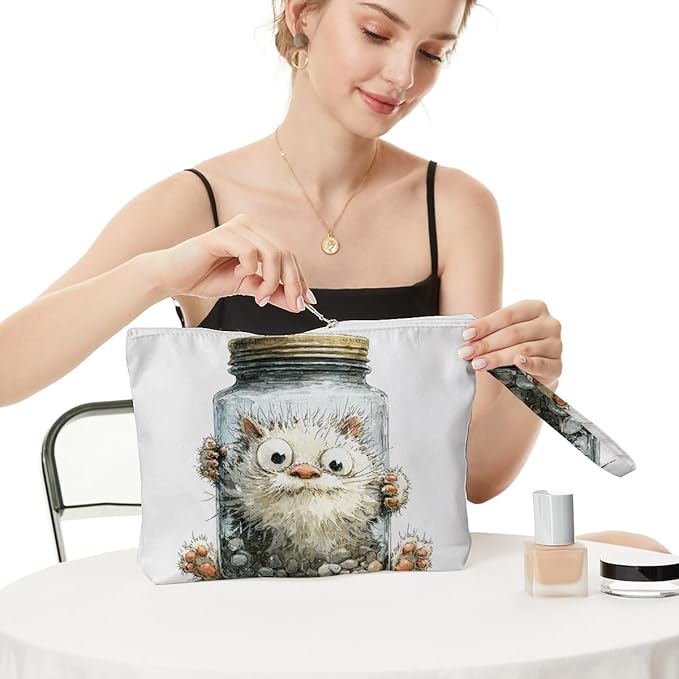 Fokongna Cute Print Wet Bag, Small Portable Waterproof Multi-Functional Organizer for Women, Cream White Jar Fluffy Cat, Ideal for Daily, Beach & Travel