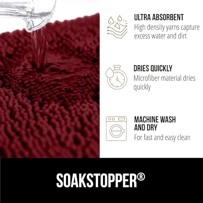 GORILLA GRIP SoakSTOPPER Dog Door Mat, 36x24 Machine Washable Rug Absorbent Doormat Captures Moisture Mud Dirt, Quick Dry Soft Chenille Entryway Rugs Indoor Entrance Mats for Dog Paws, Burgundy