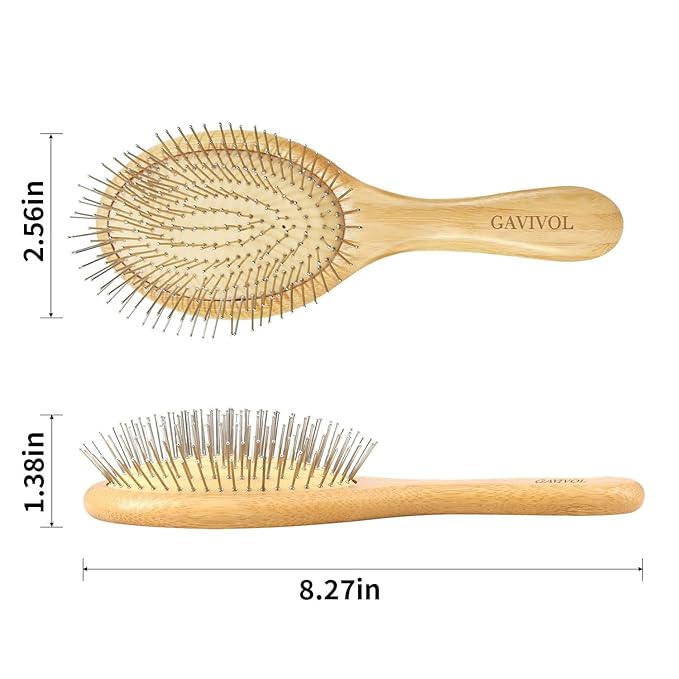 Bamboo Paddle Hair Brush with Steel Bristles for Anti-Static Detangling and Scalp Massager Perfect Wooden Handle Brush for Hair Growth All Types Flexible Curly Hair Detangler for Women Kids