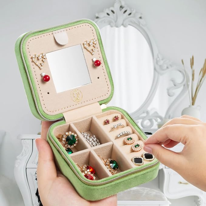 Plush Velvet Travel Jewelry Case, Travel Jewelry Organizer, Jewelry Travel Case, Travel Jewelry Box, Small Jewelry Case, Jewelry Travel Box, Earring Organizer with Mirror - LightGreen