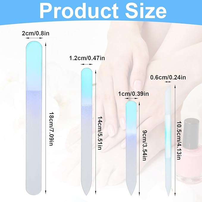 4 Pcs Glass Nail File and Cuticle Pusher Set, Gradient Blue Double Sided Crystal Nail Buffers for Natural Nails and Acrylic Nails Manicure Pedicure Tools