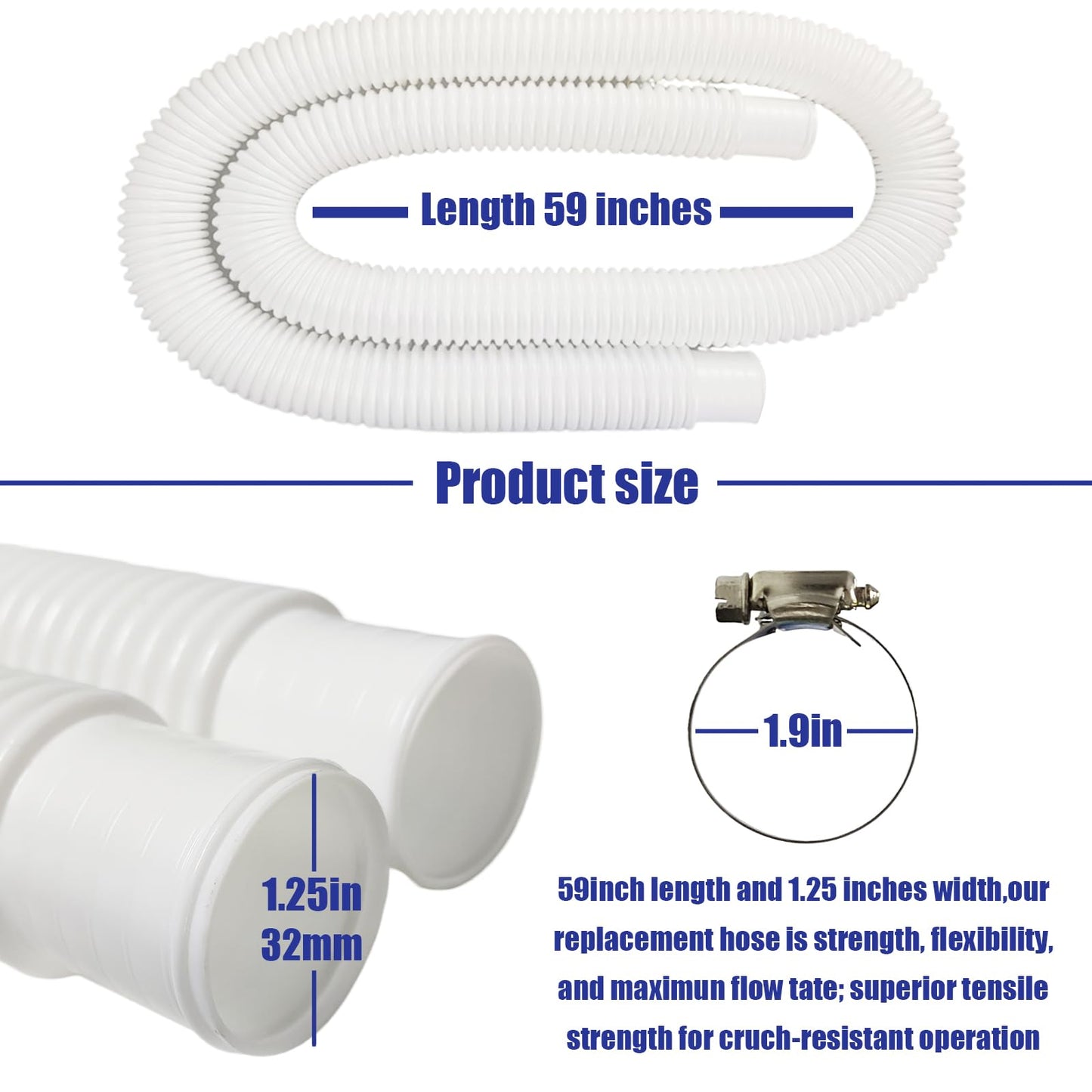 2 Pack Pool Pump Replacement Hose,1.25" Diameter, 59" Long Pool Filter Replacement Hoses for Above Ground Pools,Compatible with Intex Filter Pump 607, 637,Includes 4 Metal Clamps (white)