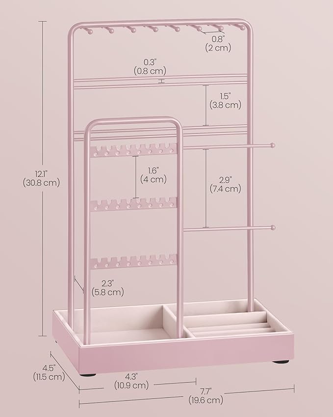 SONGMICS Jewelry Holder, Jewelry Organizer, Jewelry Display Stand with Metal Frame, Velvet Tray, Necklace Earring Bracelet Holder, for Studs, Rings, Gift Idea, Jelly Pink UJJS021R01