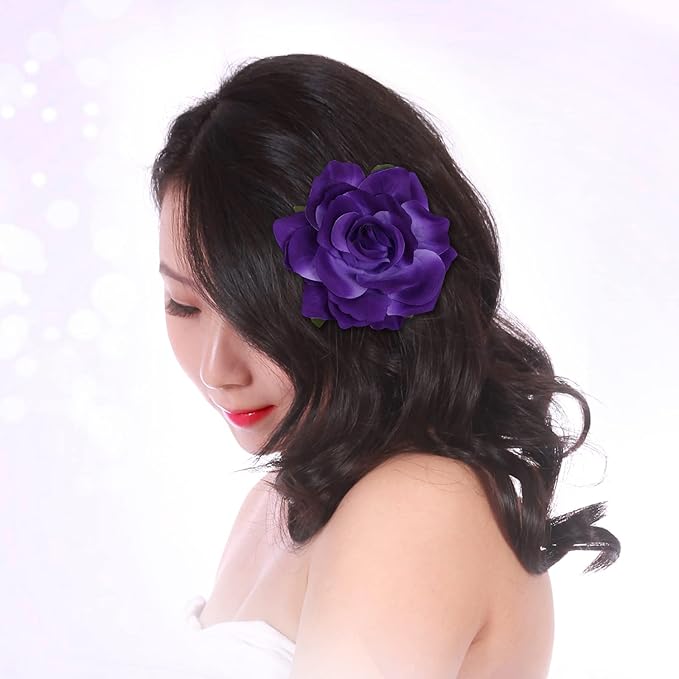 Rose Hair Clip Flower Hairpin Brooch Floral Clips, 4 Pcs Fabric Rose Flowers Hair Clips Mexican Hair Flowers Pin up Headpieces for Woman Girl Wedding Party Mother's Day (2 Sizes) (Purple)