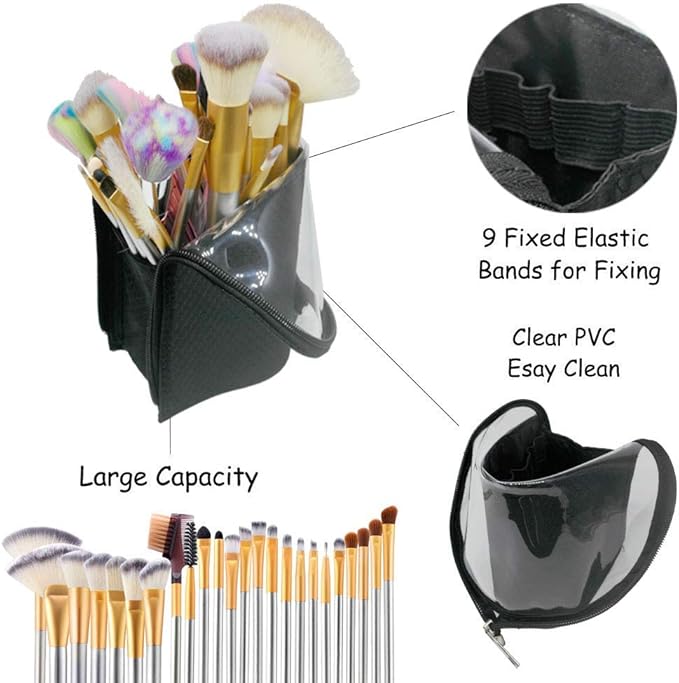 Black Travel Makeup Brush Holder 2-Pack, Organizer Bag Clear Plastic Cosmetic Zipper Pouch Portable Waterproof Dust-Free Stand-Up Small Toiletry Stationery Bag with Divider