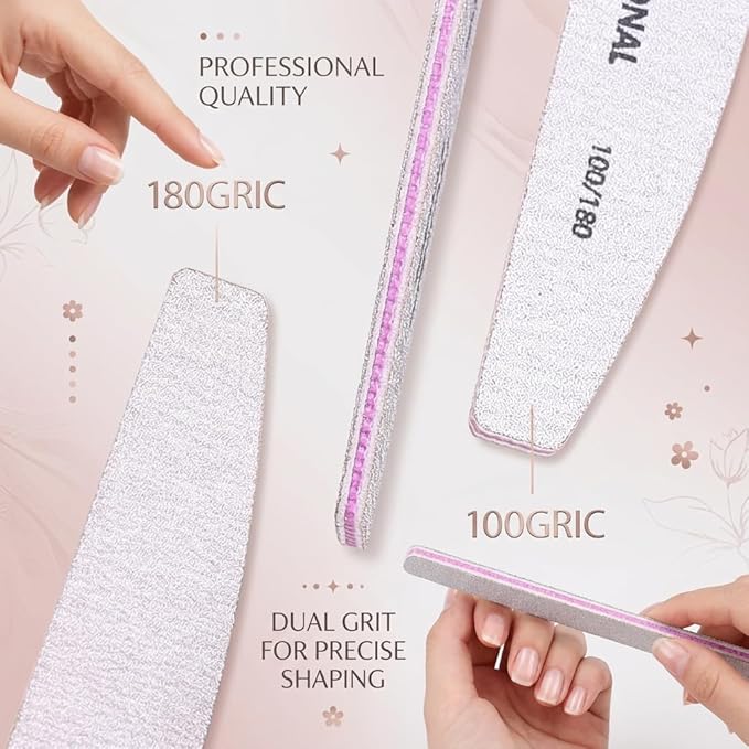25PCS Professional Half Moon Emery Board Nail Files, 100/100 Grit Dual-Sided Buffer, Reusable Nail Filing Tools for Natural & Acrylic Nails, Home & Salon Manicure Supplies