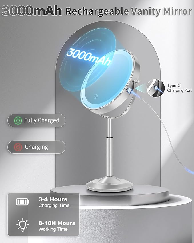 VFD 30X/1X Makeup Mirror with Lights, Height Adjustable Lighted Magnifying Vanity Mirror with 3 Lighting and Adjustable Brightness, 3000mAh Rechargeable Double Sided Switch for Desk Women Gift