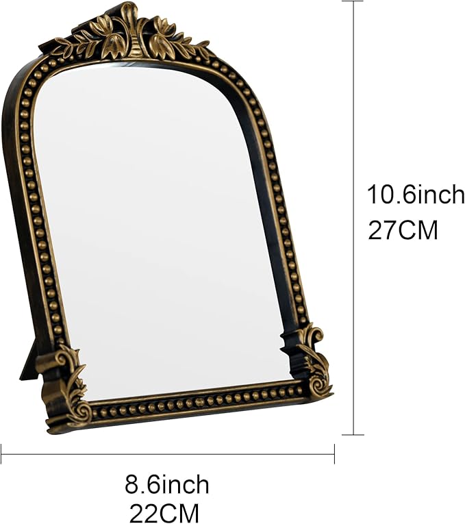 Vintage Gold Plastic Arched Makeup Mirror, Standing, Hanging or Wall Mount, Bathroom, Living Room, Bedroom Decorative Mirror (Bronze-10.6x8.6 inch)