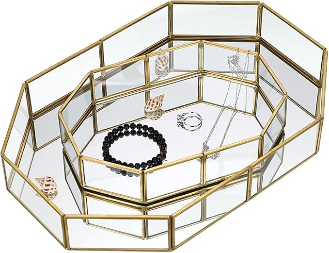 Hipiwe Gold Perfume Tray - Glass Mirror Makeup Tray Ornate Vanity Tray Dresser Tray Jewelry Trinket Organizer Tray for Bathroom Storage Tray for Home Decor,12.4"x 8.5"